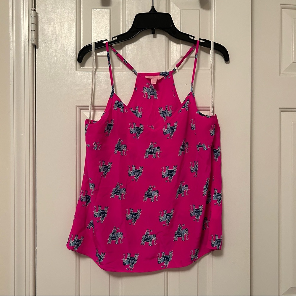 Lilly Pulitzer Dusk Racerback Tank Top Magenta Bazaar Eleohant 100% Silk Medium